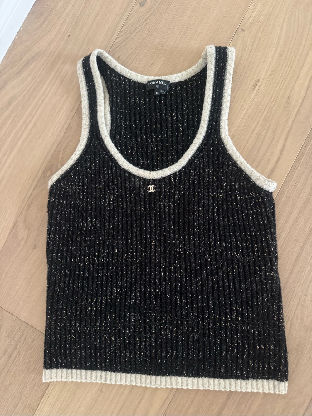 CHANEL Black Knit Tank with Ivory Trim and CC Logo